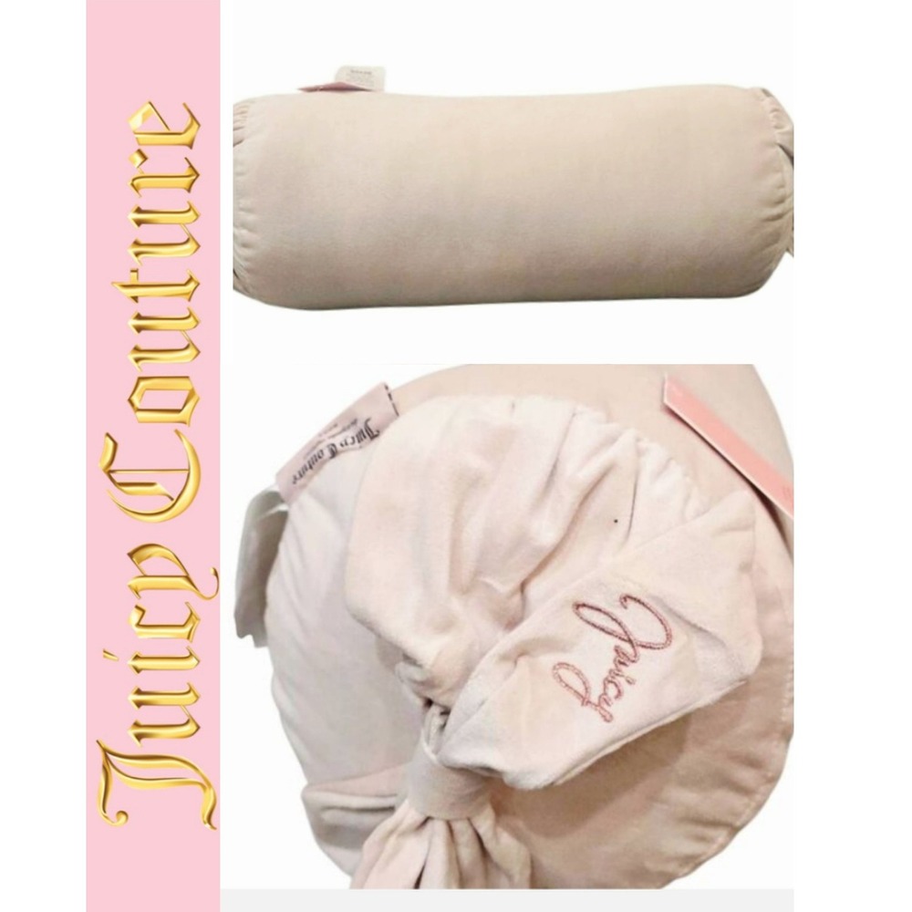 Juicy Couture Home Signature Logo Bow Velour Bolster Decorative Pillow- Pink